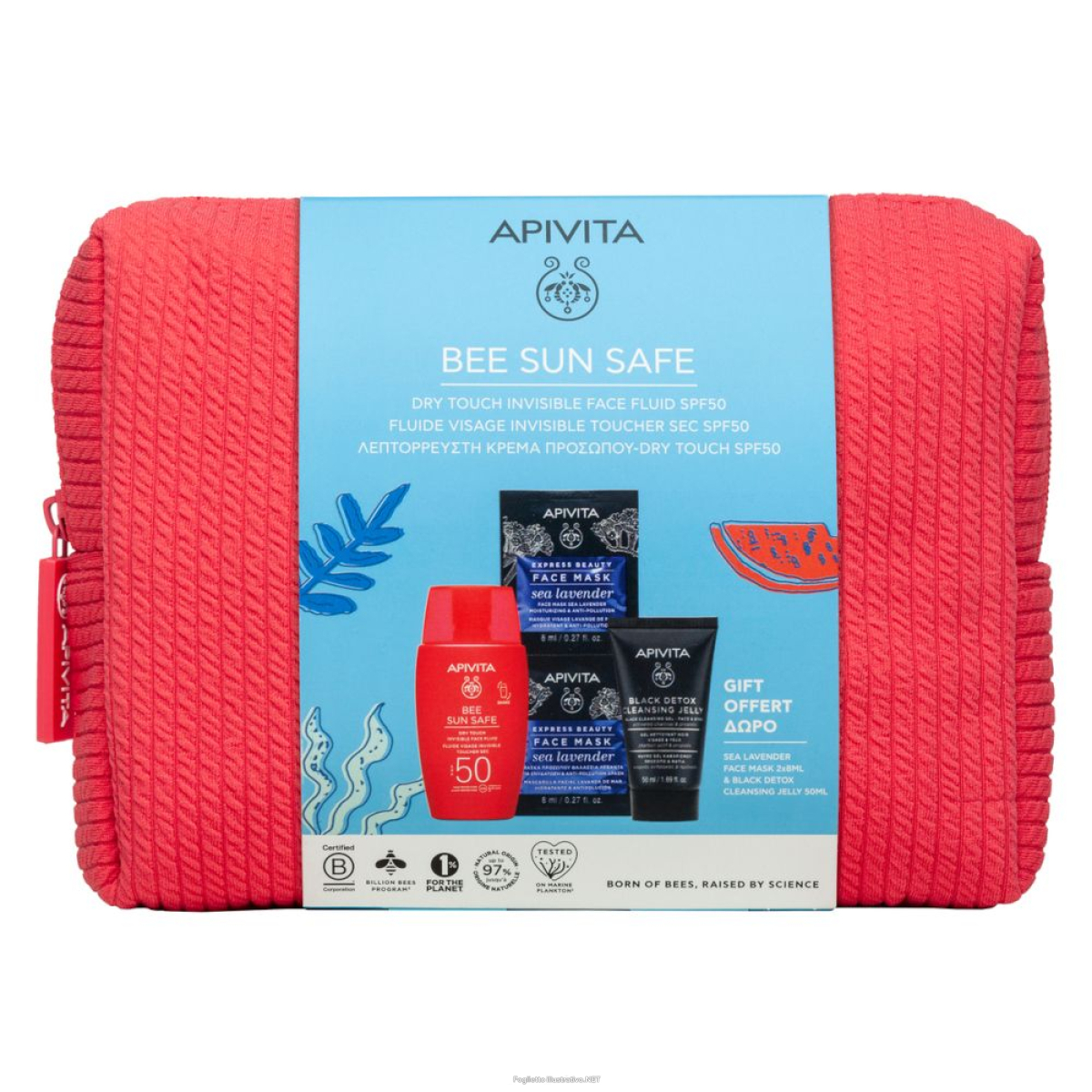 Cerca Offerte di apivita bee sun safe cofanetto promo fluido viso spf50 in regalo gel detergente nero + maschera viso + pochette e acquista online
