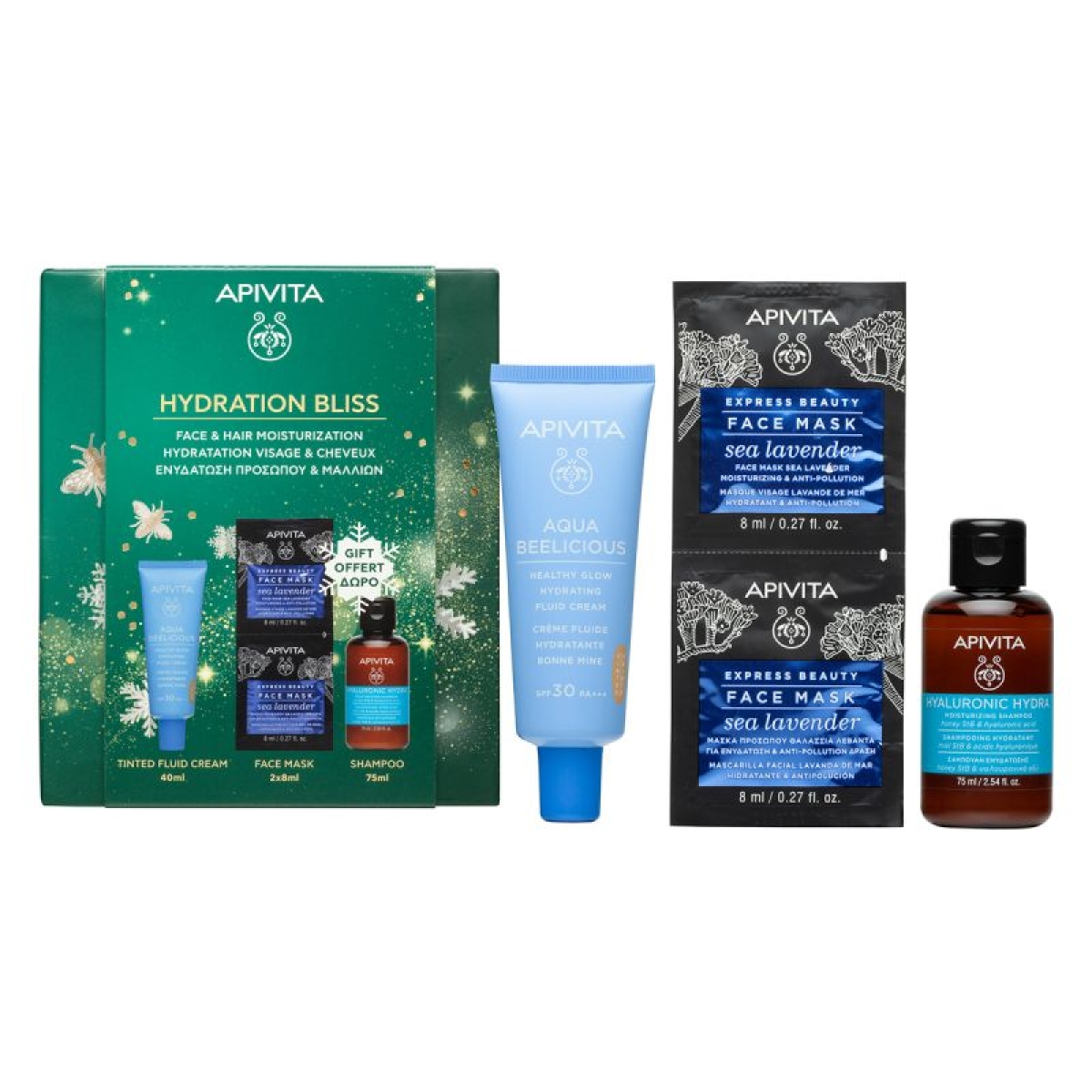 Cerca Offerte di Apivita cofanetto regalo aqua beelicious - crema colorata spf30 viso 40 ml + shampoo idratante 75 ml + 2 maschere viso alla lavanda marina e acquista online