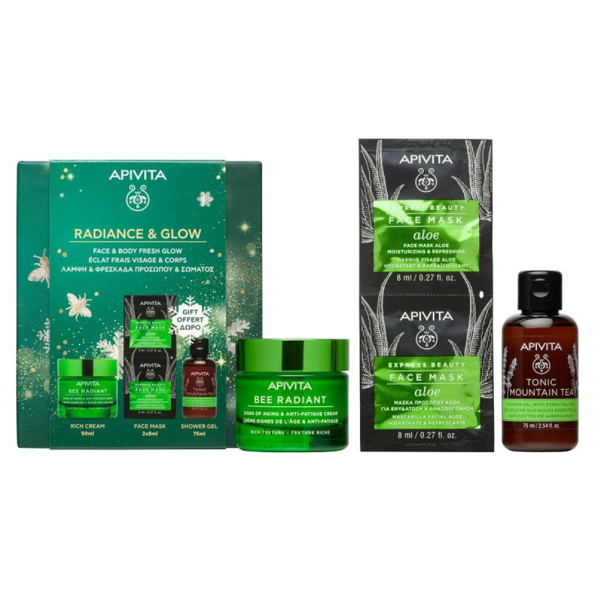 Cerca Offerte di Apivita cofanetto regalo radiance & glow - crema ricca anti-rughe 50 ml + gel doccia 75 ml + 2 maschere viso all'aloe e acquista online