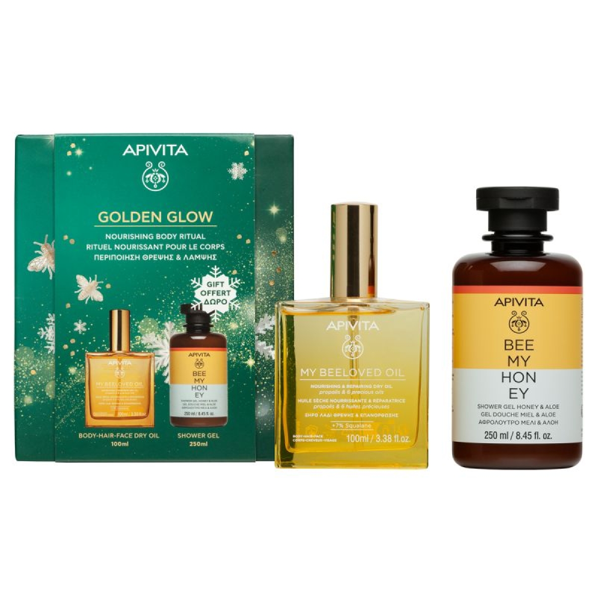 Cerca Offerte di Apivita golden glow body ritual cofanetto regalo con olio corpo e capelli 100 ml + bagnoschiuma gel 250 ml e acquista online