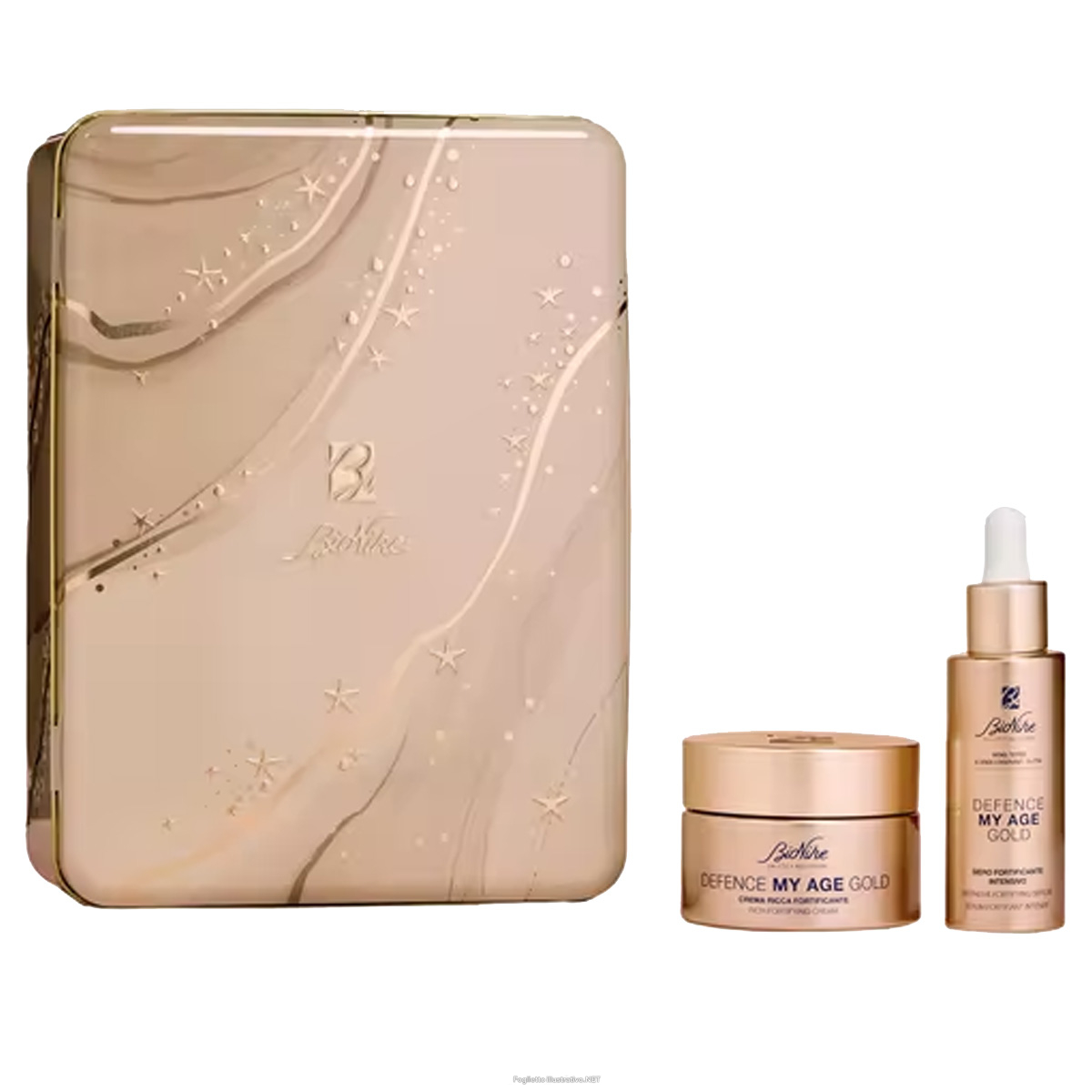 Trova Offerte di bionike cofanetto di natale 2024 defence my age gold - siero fortificante intensivo 30 ml + crema ricca fortificante 50 ml e compra online