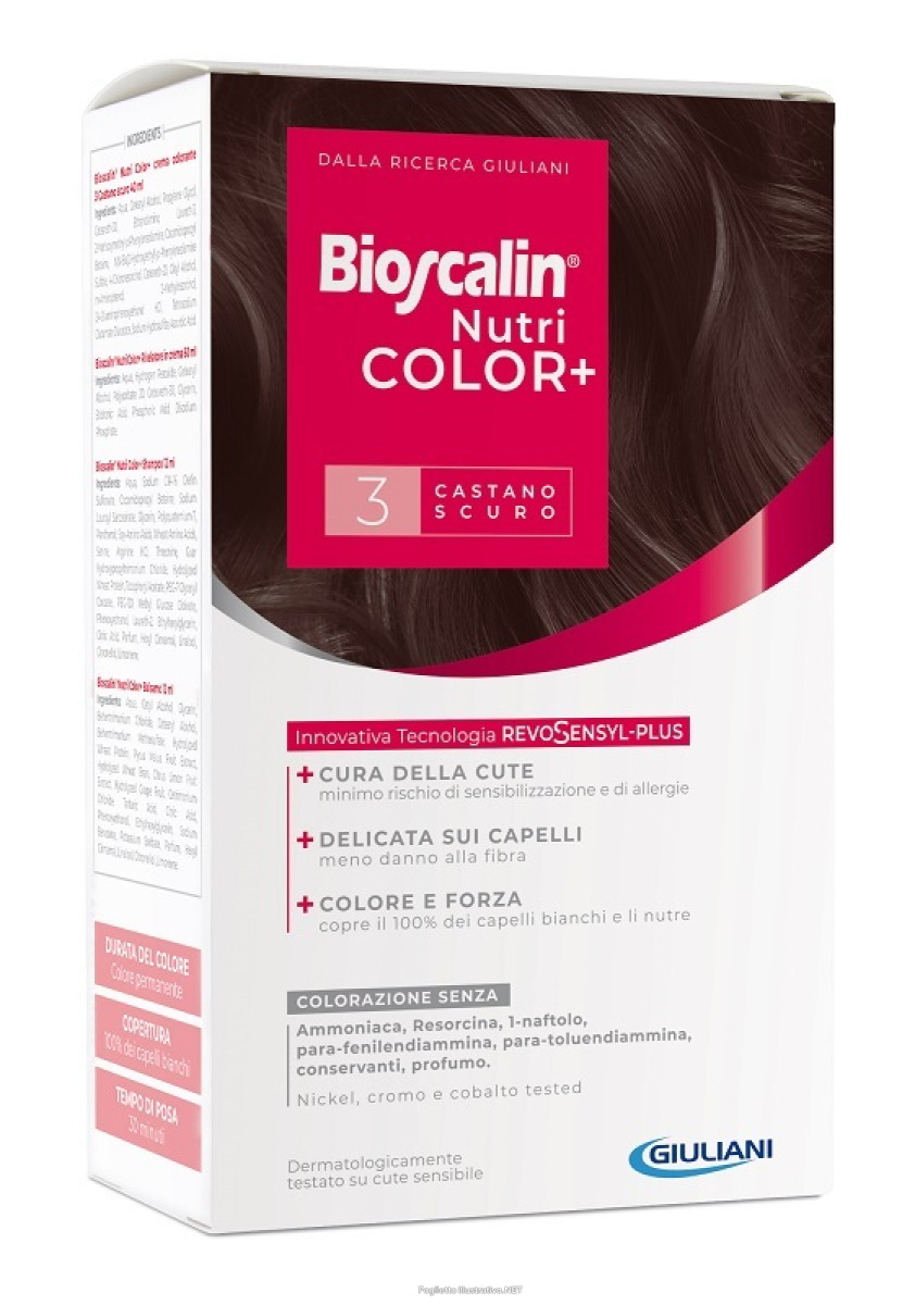 Trova Offerte di bioscalin nutricolor plus 3 castano scuro crema colorante 40 ml + rivelatore crema 60 ml + shampoo 12 ml + trattamento finale balsamo 12 ml e compra online