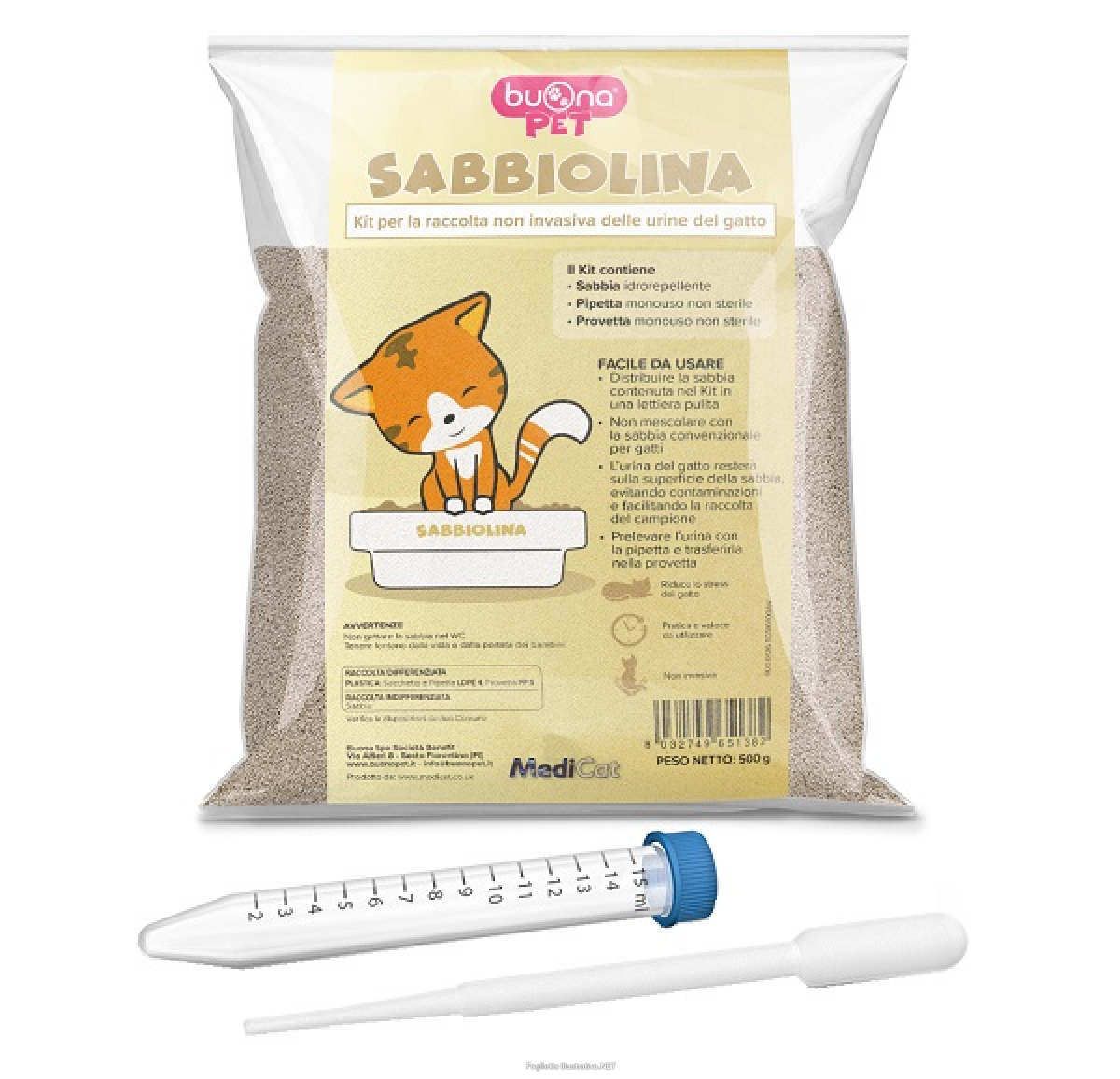Trova Offerte di buonapet sabbiolina kit con sabbia idrorepellente 500 g + pipetta monouso non sterile + provetta monouso non sterile e compra online