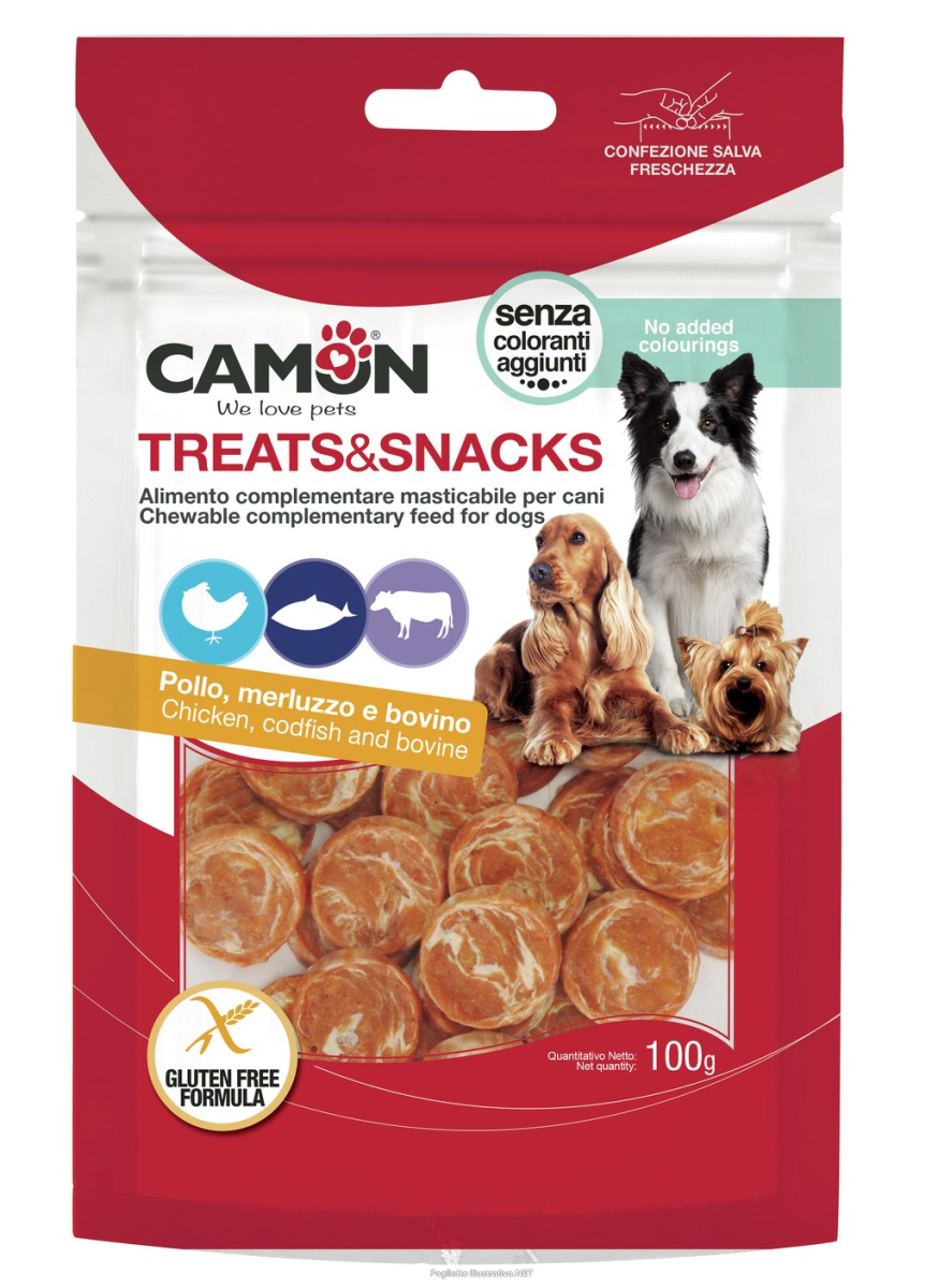 Cerca Prezzi di camon cane snack treats monetine coniglio merluzzo pelle bovina 100gr e acquista online