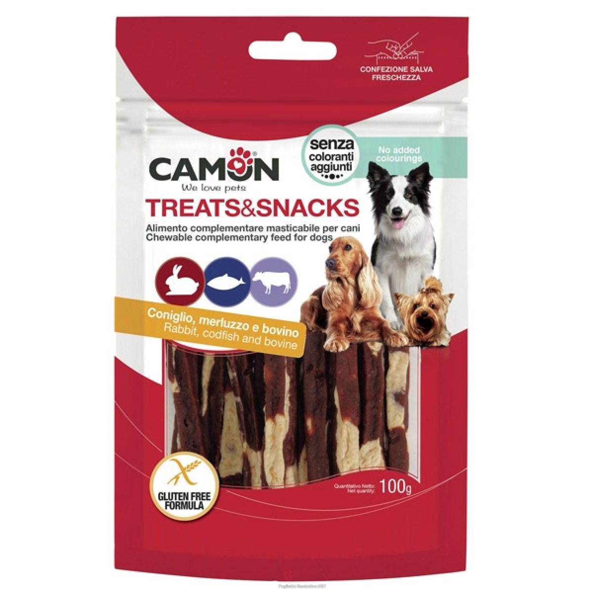 Cerca Prezzi di camon cane snack treats strips piccole coniglio merluzzo pelle bovina 100gr e acquista online