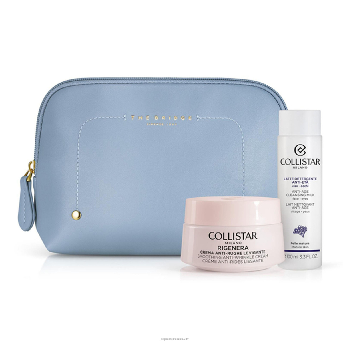 Cerca Prezzi di cofanetto rigenera crema antirughe levigante 50 ml + latte detergente anti eta' 100 ml + sample gocce magiche protettive + beauty bag azzurra the bridge e acquista online