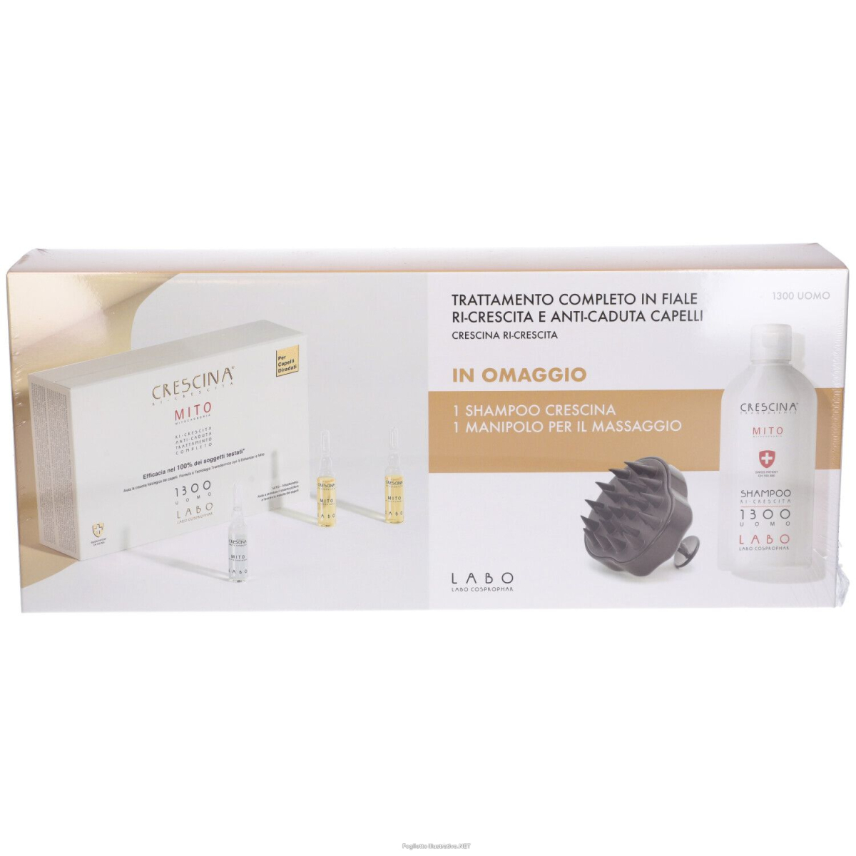 Cerca Prezzi di crescina - mito cofanetto promo ricrescita trattamento completo 1300 uomo 10+10 fiale + shampoo + manipolo in omaggio e acquista online