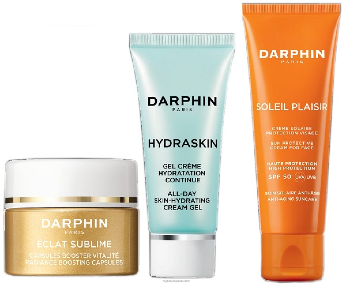 Compra Online darphin paris les essentiels antiaging protection con eclat sublime radiante boosting capsules + hydraskin all day skin hydrating cream gel + soleil plaisir sun protective cream e Trova il miglior prezzo