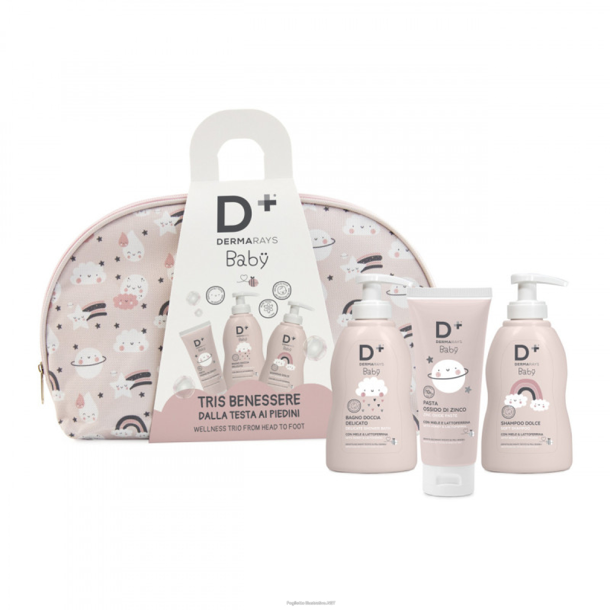 Compra Online dermarays baby cofanetto igiene con pochette + benessere doccia 200 ml + shampoo 200 ml + pasta zinco 100 ml e Trova il miglior prezzo