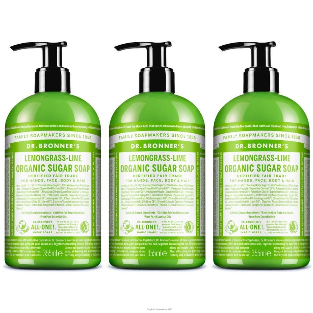 Compra Online dr. bronner's sapone di zucchero bio lemongrass & lime 3x355 ml e Trova il miglior prezzo
