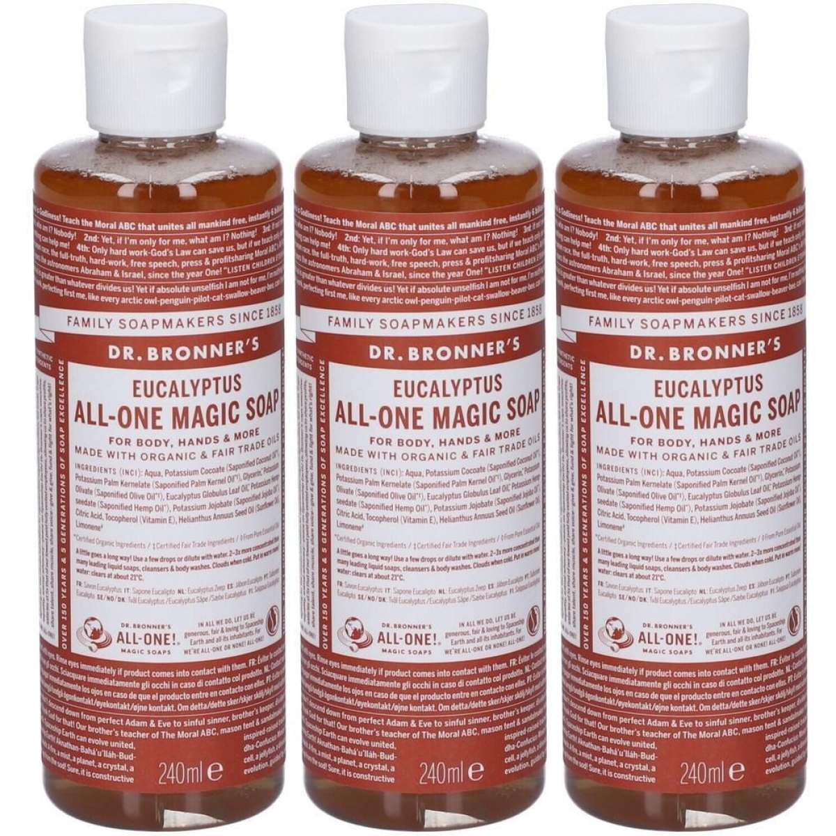 Compra Online Dr. bronner’s sapone liquido 18-in-1 all'eucalypto 240 ml 3x240 e Trova il miglior prezzo