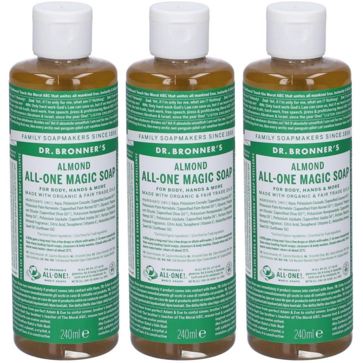 Compra Online Dr. bronner’s sapone liquido 18-in-1 alla mandorla 240 ml 3x240 e Trova il miglior prezzo