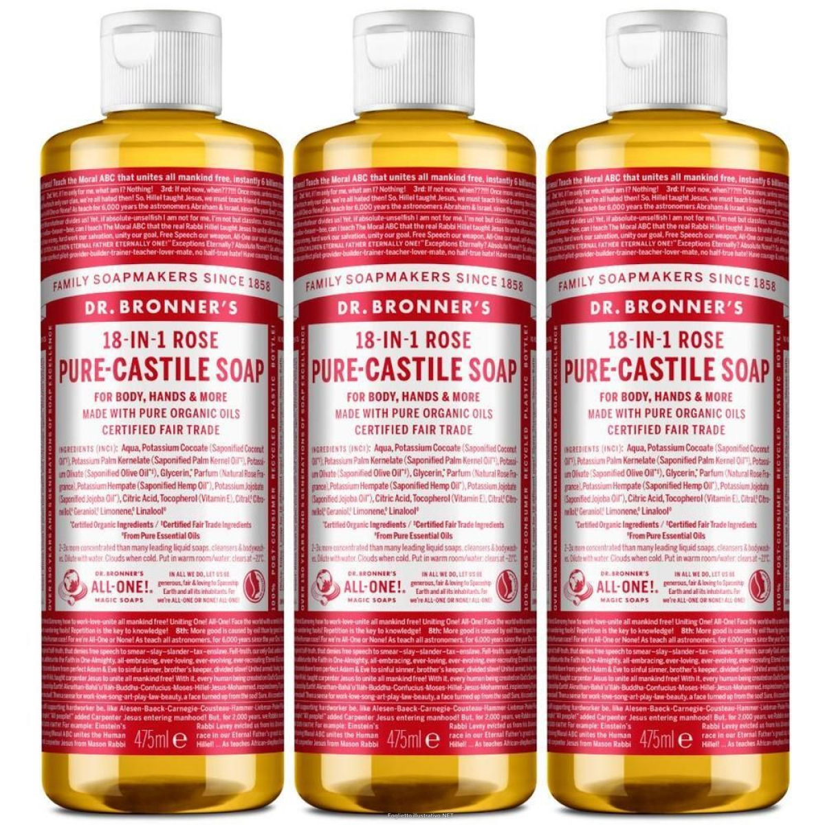 Compra Online dr. bronner's sapone liquido bio 18 in 1 rose 3x475 ml e Trova il miglior prezzo