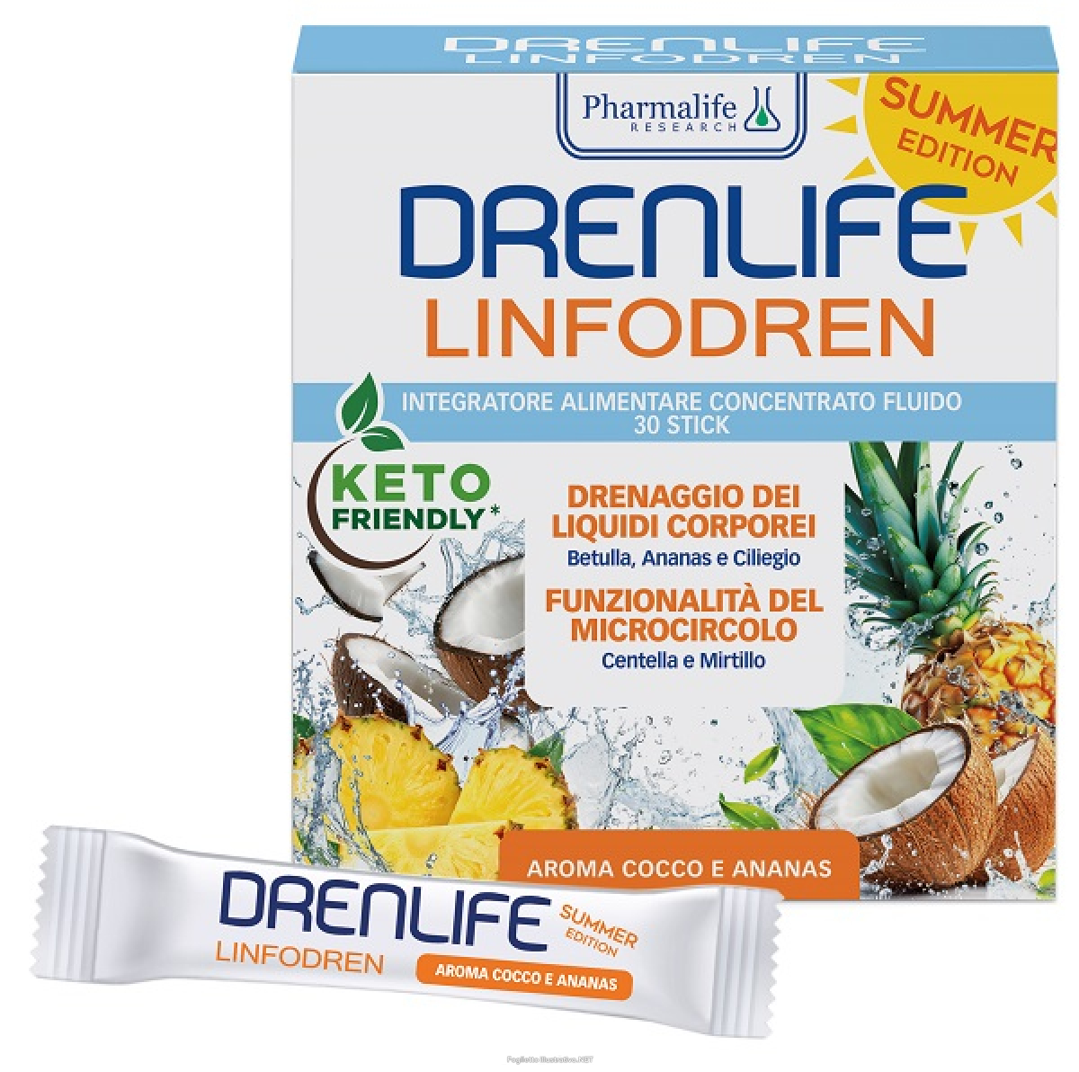 Compra Online drenlife linfodren summer edition integratore per il drenaggio dei liquidi e il microcircolo aroma cocco e ananas 30 stick da 10ml e Trova il miglior prezzo