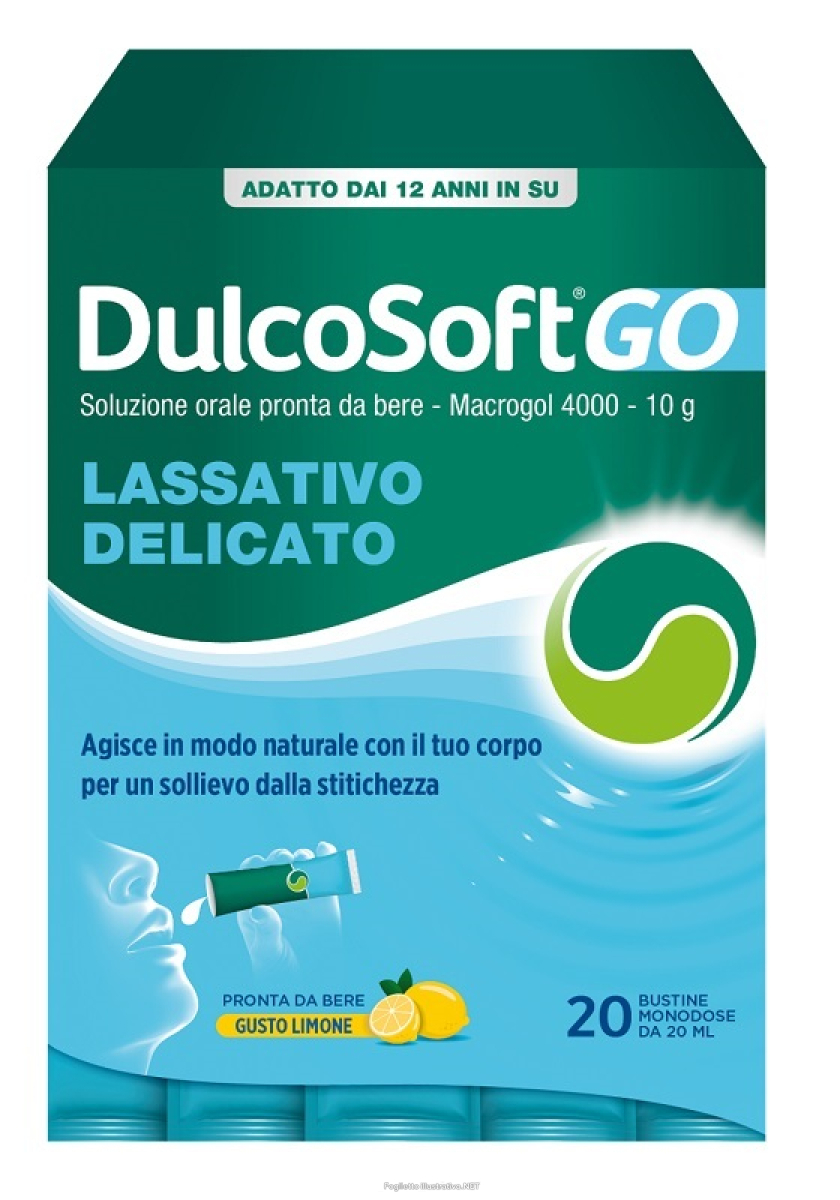 Compra Online dulcosoft go lassativo delicato con macrogol 4000, 20 stick, soluzione orale per stitichezza e  intestino pigro, favorisce regolarità intestinale, senza zucchero, glutine e lattosio, gusto limone e Trova il miglior prezzo