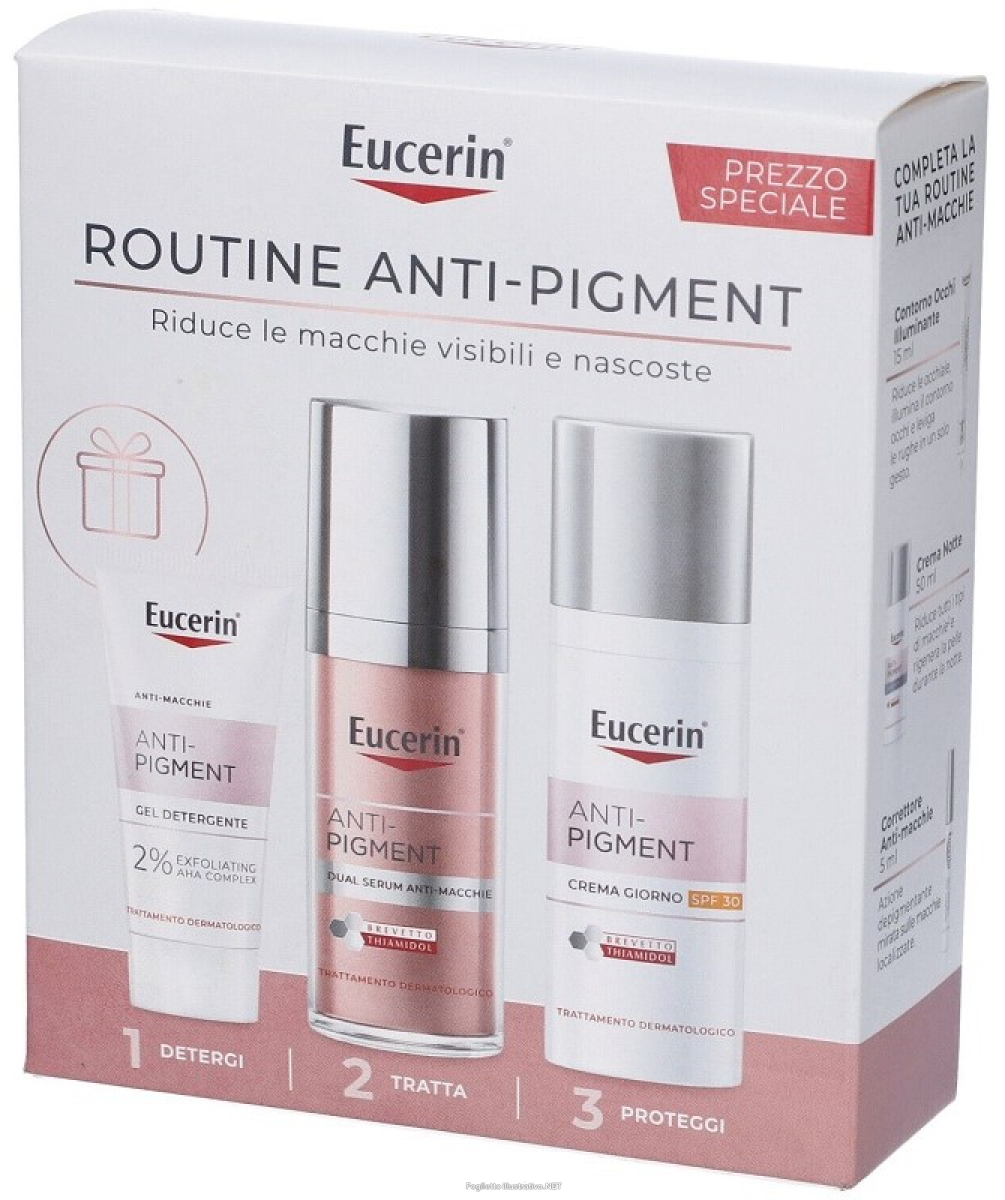 Acquista Online eucerin routine anti pigment cofanetto con siero antimacchie 30ml + crema giorno spf30 50ml + gel detergente 20ml in omaggio e Cerca l'offerta più bassa