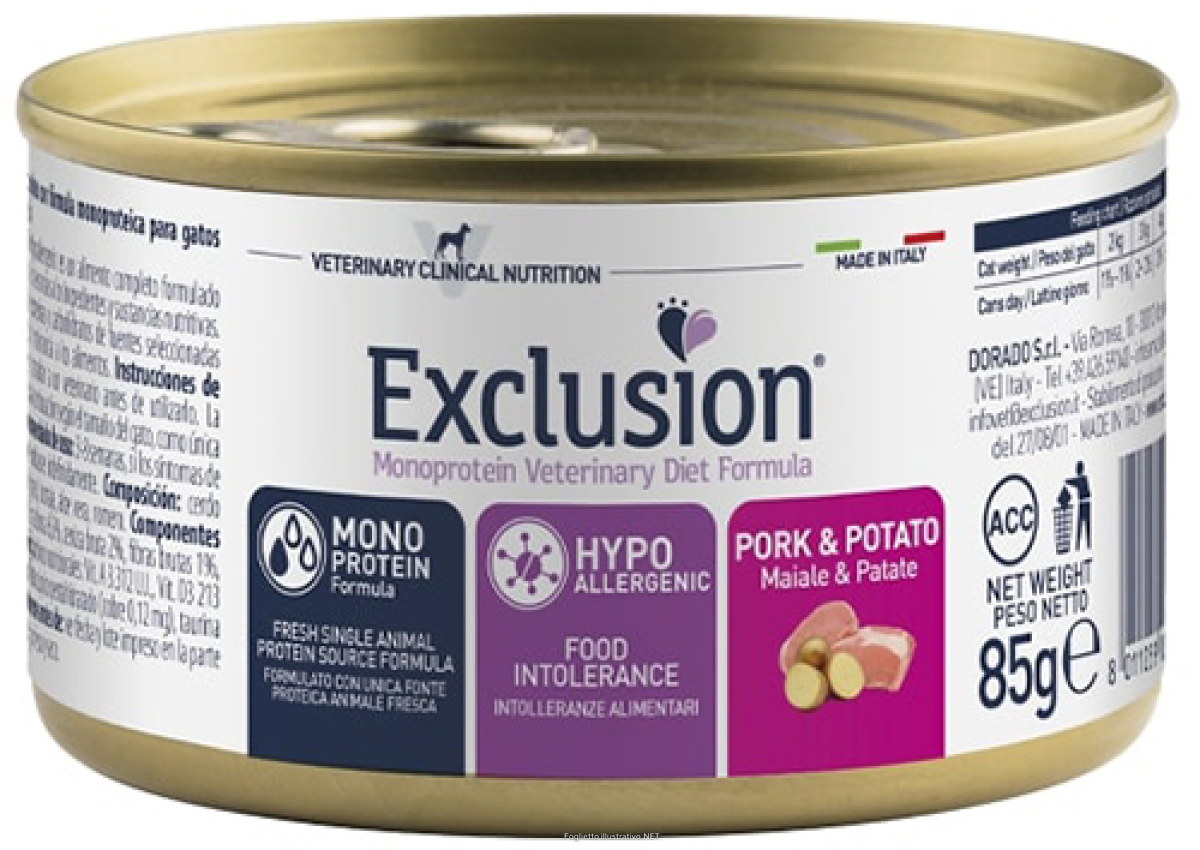 Acquista Online exclusion monoprotein veterinary diet formula pork and potato cibo umido per gatti 85g 543a e Cerca l'offerta più bassa