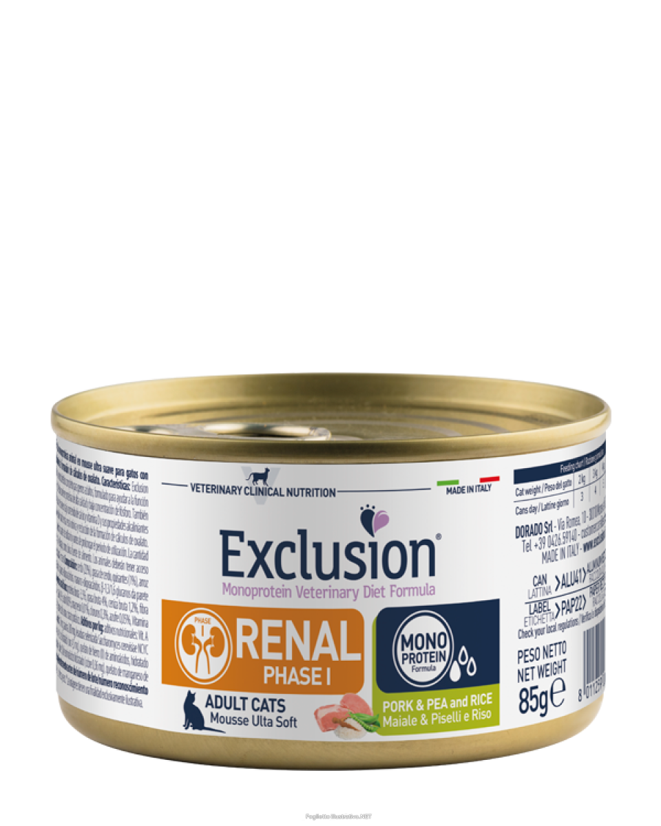 Acquista Online exclusion monoprotein veterinary diet formula renal phase i pork & pea and rice cibo umido per gatti 85g e Cerca l'offerta più bassa