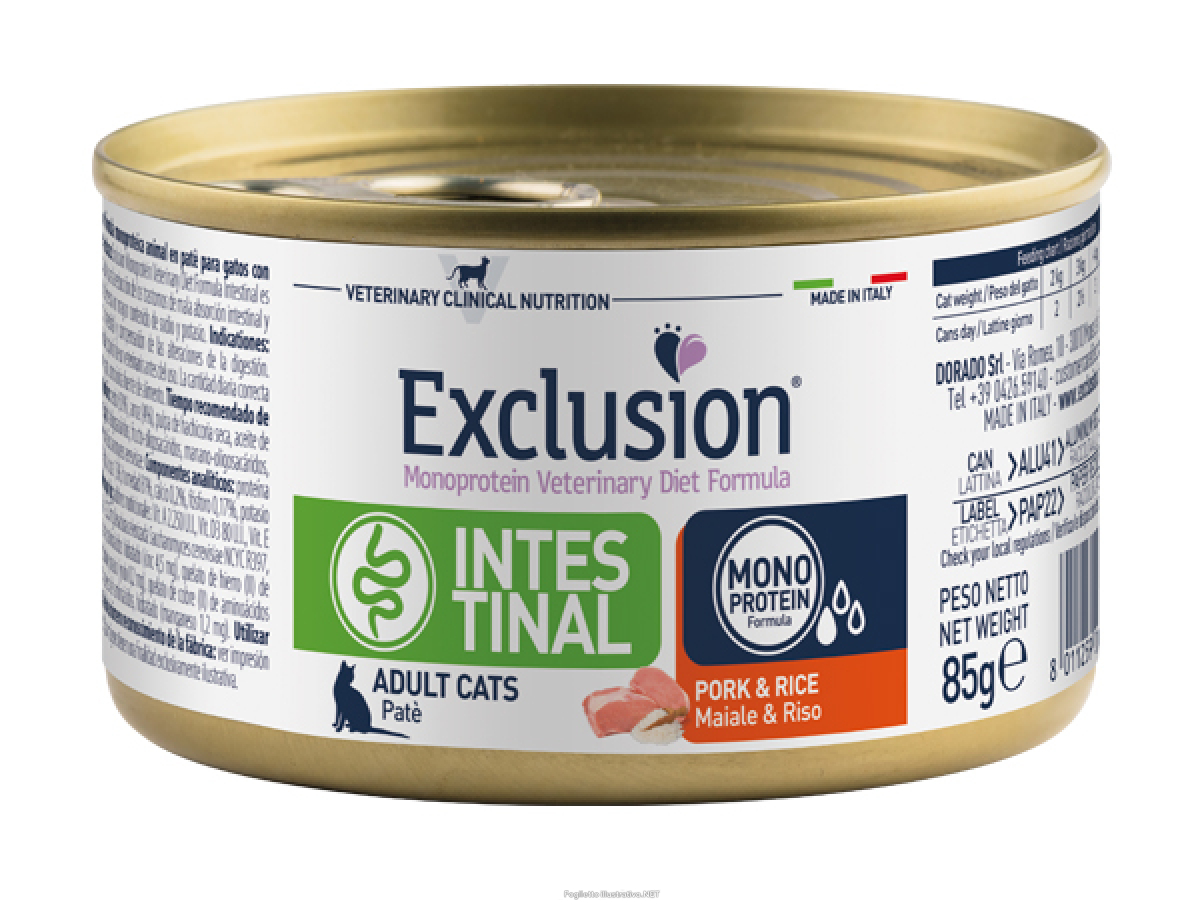 Acquista Online exclusion monoprotein veterinary diet intestinal cat pork and rice (maiale e riso) 85g e Cerca l'offerta più bassa