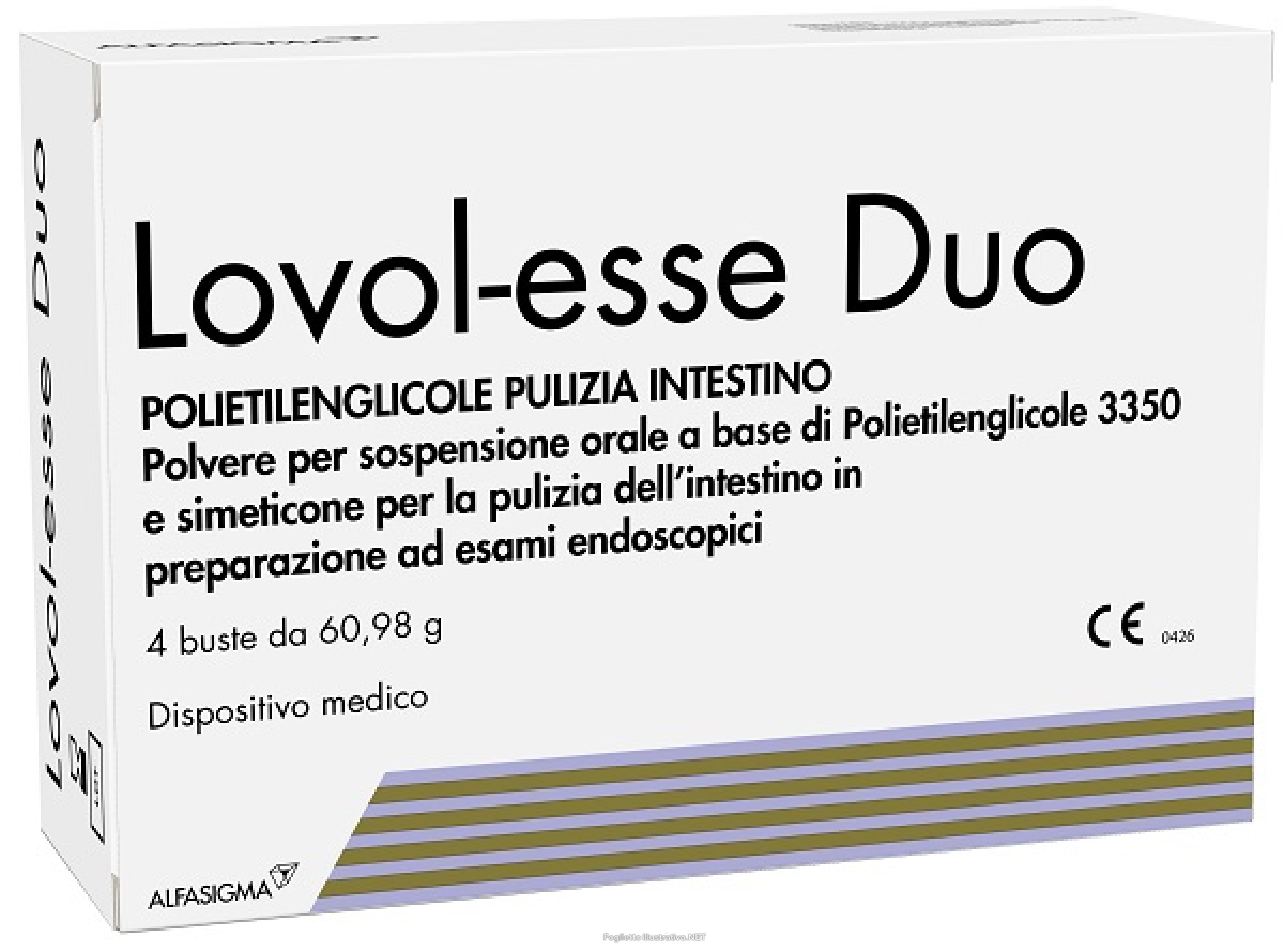 Cerca Offerte di lovol-esse duo polvere per sospensione orale per la pulizia dell'intestino in preparazione di esami endoscopici 4 bustine e acquista online
