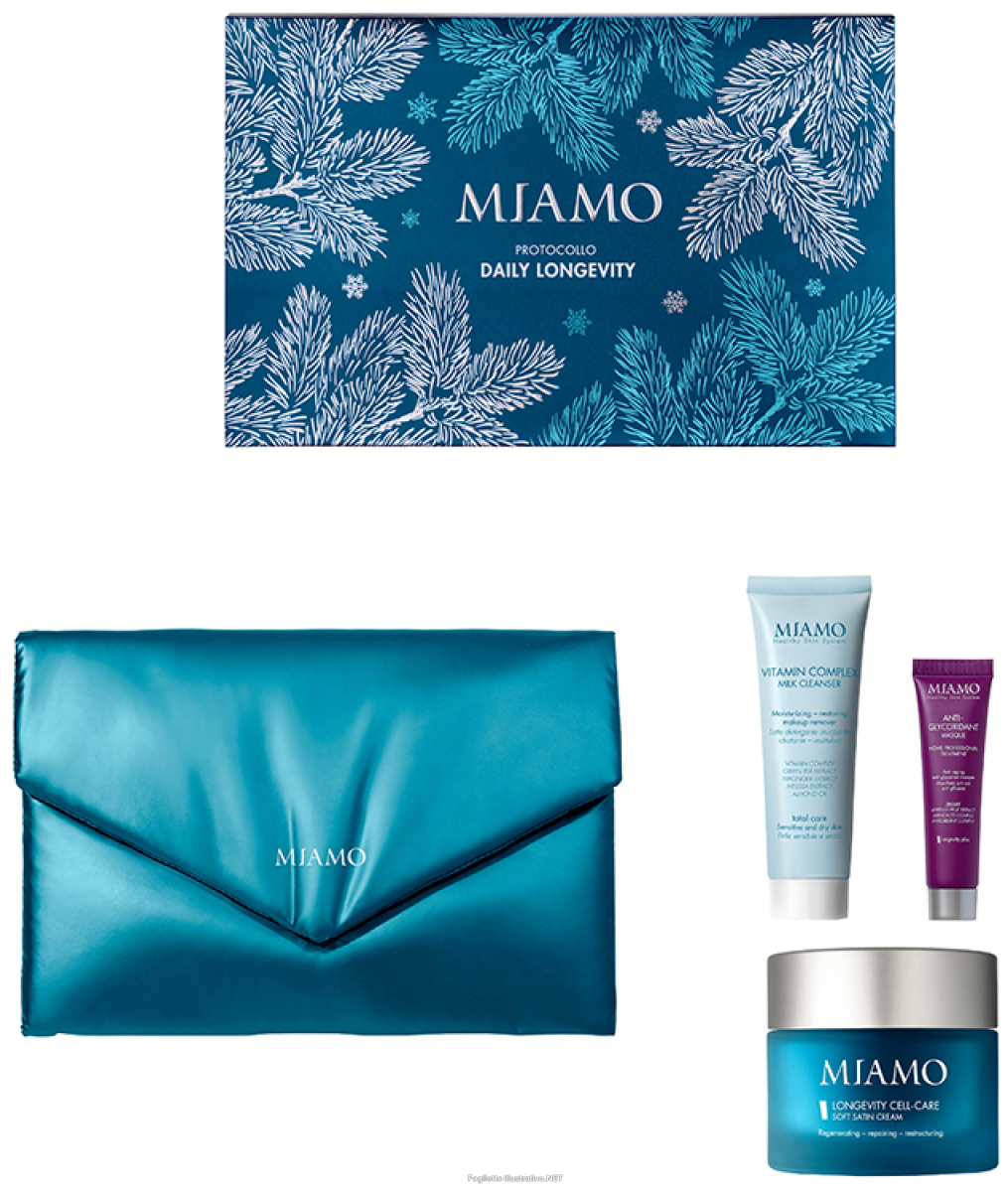 Cerca Offerte di miamo cofanetto daily longevity cell care cream crema viso setificante 50 ml, in omaggio vitamin complex latte detergente 50ml + anti-glycoxidant maschera viso 10ml + pochette blu e acquista online