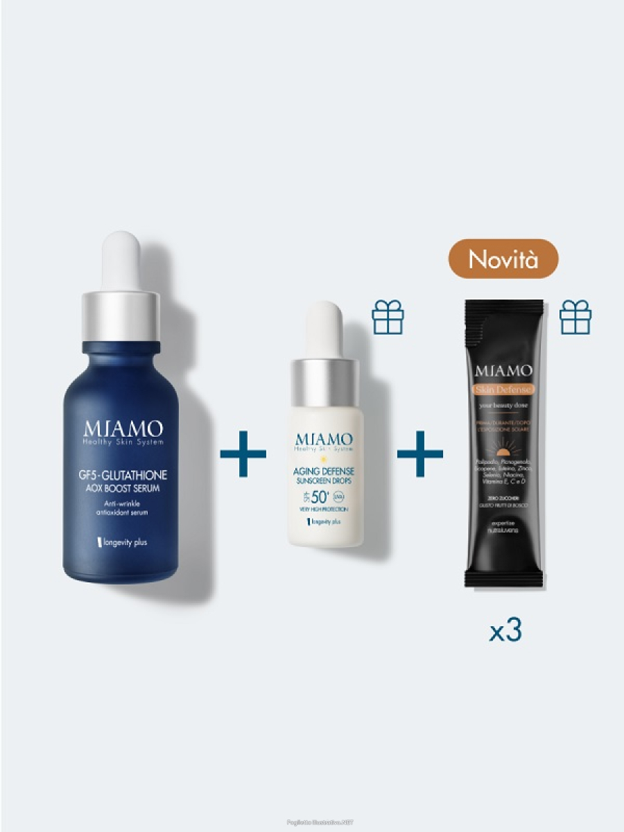 Cerca Offerte di miamo protocollo aox boost&protect - protocollo antirughe e colorito spento - gf5 glutathione siero 30 ml + aging defense sunscreen drops 10 ml + 3 bustine skin defense e acquista online