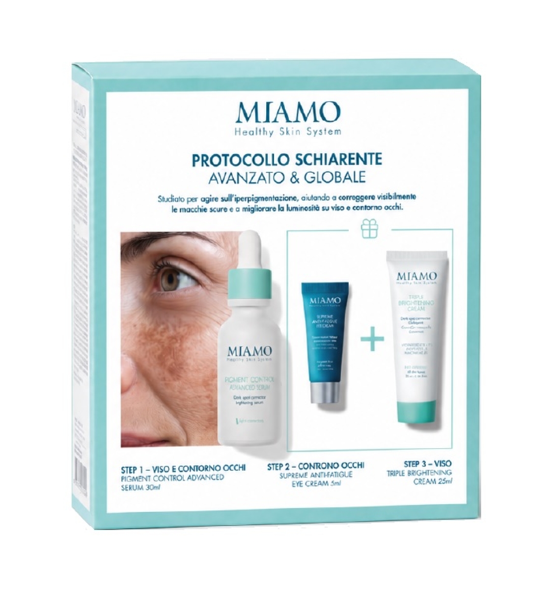 Cerca Offerte di Miamo protocollo schiarente avanzato & globale - pigment control advanced siero 30 ml + supreme anti-fatigue eye cream 5 ml + triple brightening cream 25 ml e acquista online
