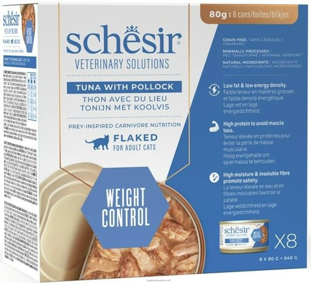 Cerca Offerte di schesir gatto veterinary solutions weight control filetti tonnetto/merluzzo 8x80gr (lattina) - multipack e acquista online