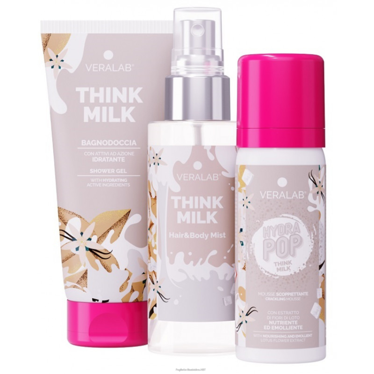 Trova Offerte di veralab kit body think milk 1 pochette + 1 bagnodoccia + 1 acqua profumata + 1 hydra pop e compra online