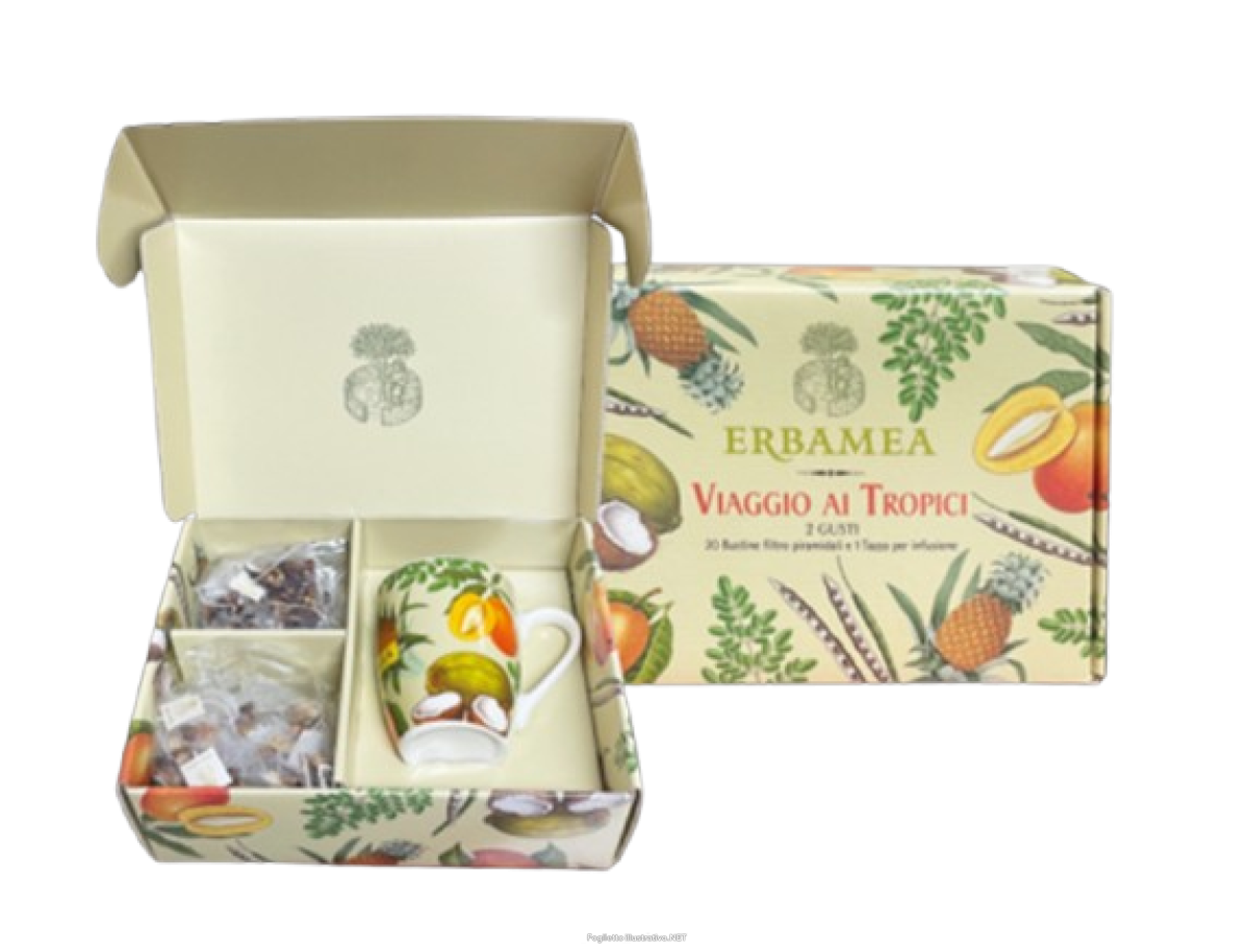 Trova Offerte di viaggio ai tropici scatola regalo 10 bustine sogno di mango + 10 bustine abbraccio esotico + 1 tazza di porellana e compra online