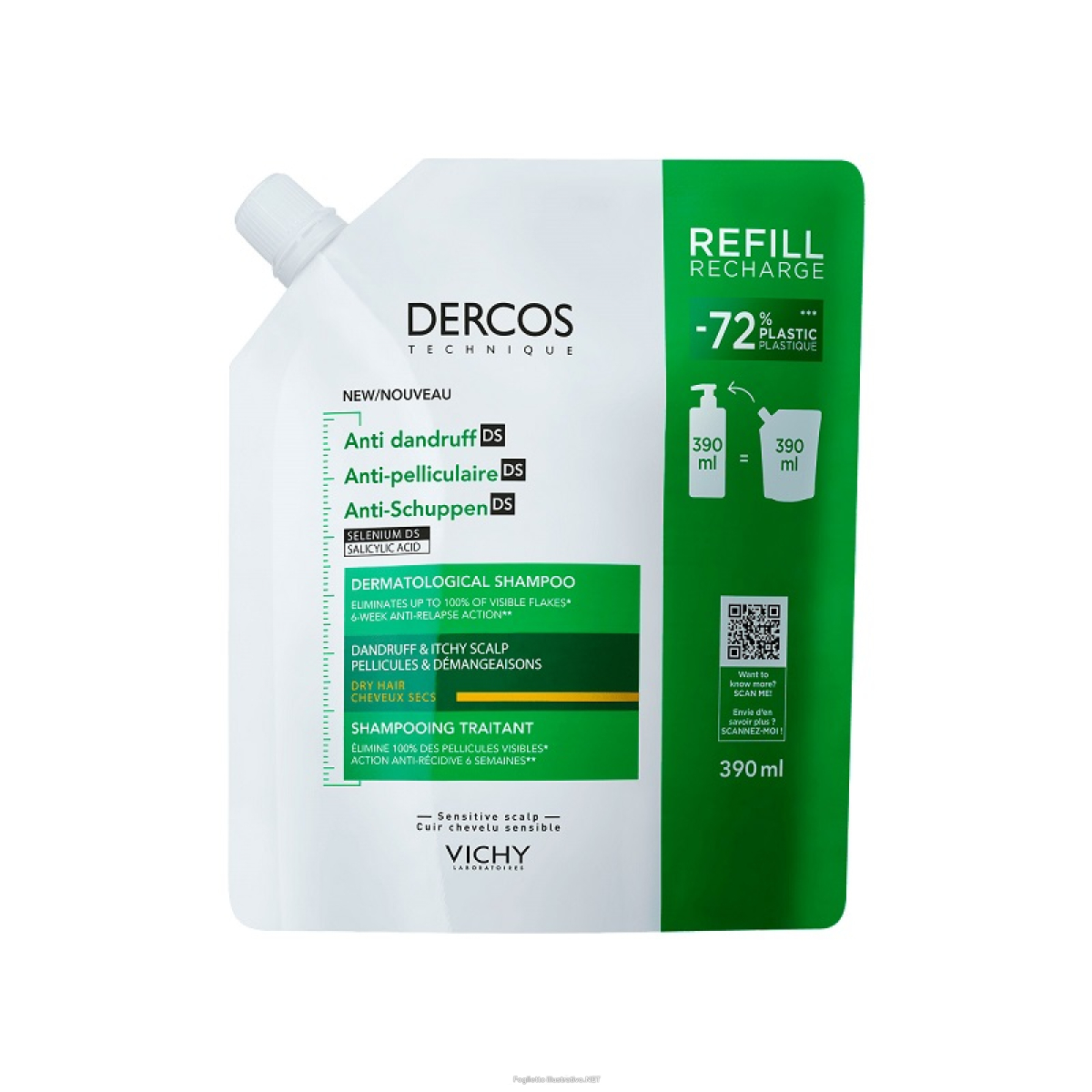 Trova Offerte di vichy dercos shampoo trattante antiforfora ds per capelli secchi eco ricarica 390ml e compra online