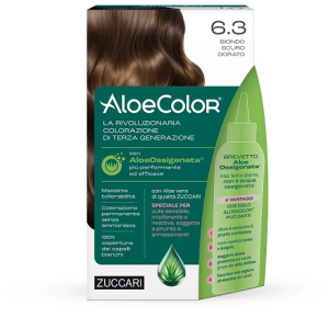 Aloecolor 6,3 biondo scuro dorato tinta permanente capelli colore ad alta pigmentazione 50 ml + rivelatore aloeossigenata 75 ml + shampoo aloecare 15 ml + guanti