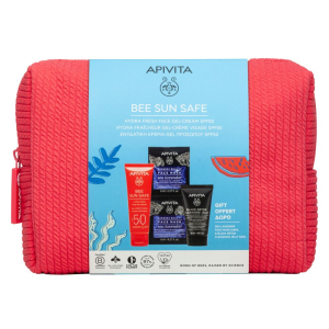 Apivita bee sun safe hydra fresh set solare crema gel viso spf50 + maschera viso idratante + black detox e pochette in regalo