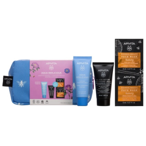 Apivita cofanetto aqua beelicious crema texture leggera+ gel detergente viso+ maschera+ pochette