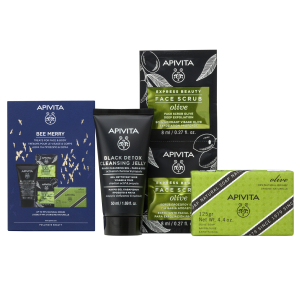 Apivita cofanetto gel detergente black detox 50ml+sapone naturale all'oliva 125gr+scrub viso all'oliva 2x8ml 881n