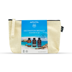 Apivita set da viaggio destination beauty con shampoo + gel doccia + mousse detergente e pochette in regalo