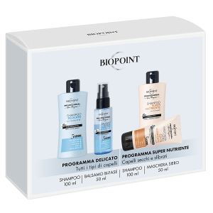 Biopoint confezione natalizia 2024 minisize shampoo super nutriente 100 ml + maschera siero super nutriente 50 ml + shampoo delicato 100 ml + balsamo bifase delicato 50 ml