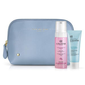 Cofanetto attivi puri maschera acido ialuronico+madecassoside 75 ml + mousse detergente lenitiva 180 ml + sample gocce magiche protettive + beauty bag azzurra the bridge