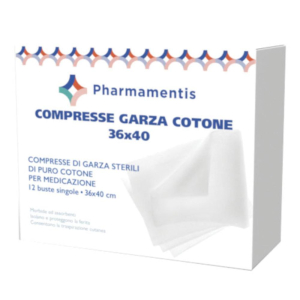 Compresse garza idrofila in puro cotone senza filo di bario sterile monouso 36x40 cm pharmamentis 12 pezzi
