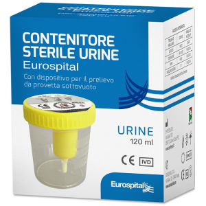 Contenitore urina 120 ml sterile con tappo giallo in astuccio eurospital