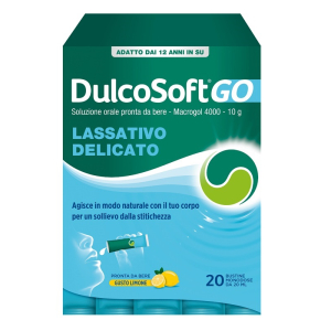 Dulcosoft go lassativo delicato con macrogol 4000, 20 stick, soluzione orale per stitichezza e  intestino pigro, favorisce regolarità intestinale, senza zucchero, glutine e lattosio, gusto limone