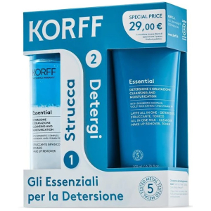 Korff gli essenziali per la detersione cofanetto strucca e detergi con essential struccante bifasico 150ml + essential latte detergente 200ml