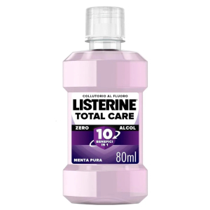 Listerine total care collutorio 0% alcol gusto menta pura al fluoro 10 benefici in 1 protezione completa e denti più forti, 80ml