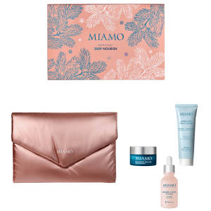 Miamo cozy christmas - cofanetto deep nourish nourish 3-biotic rich serum siero viso 30 ml + hydra soft creamy cleanser detergente 50 ml + longevity cell-care deep balm cream crema viso 10 ml