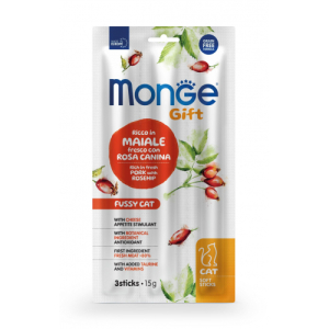 Monge cat soft sticks gift appetito difficile ricco in maiale fresco con rosa canina e formaggio 15 g