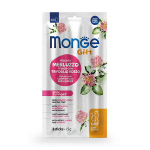 Monge cat soft sticks gift skin support ricco in merluzzo fresco con trifoglio rosso 15 g