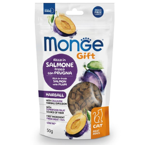 Monge meat minis hairball snacks per gatti salmone fresco con prugna 50g 4684