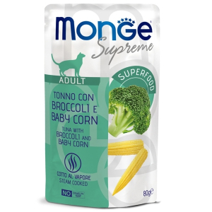 Monge supreme pezzetti di tonno con broccoli e baby mais cibo umido per gatti adulti 80 g