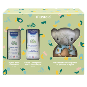 Mustela cofanetto koala 2025 1 fluido detergente + 1 hydra bebe crema viso + 1 gadget