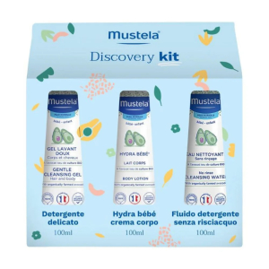 Mustela discovery kit cofanetto detergente delicato 100ml + crema corpo 100ml + detergente senza risciacquo 100ml